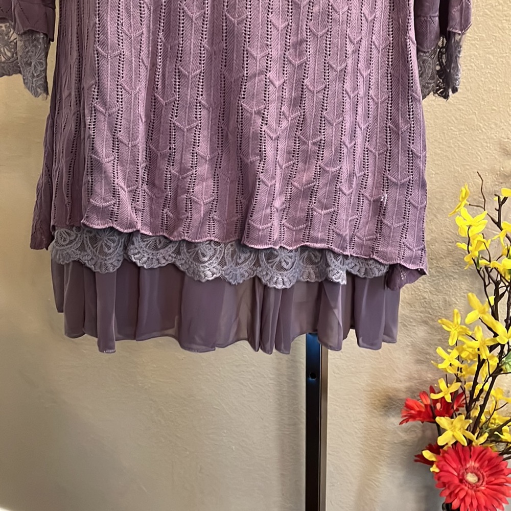 P Luca Chevron Knit Tunic Sweater NWT Lilac Purple, Mesh + Lace Accents, Size M - Picture 4 of 6